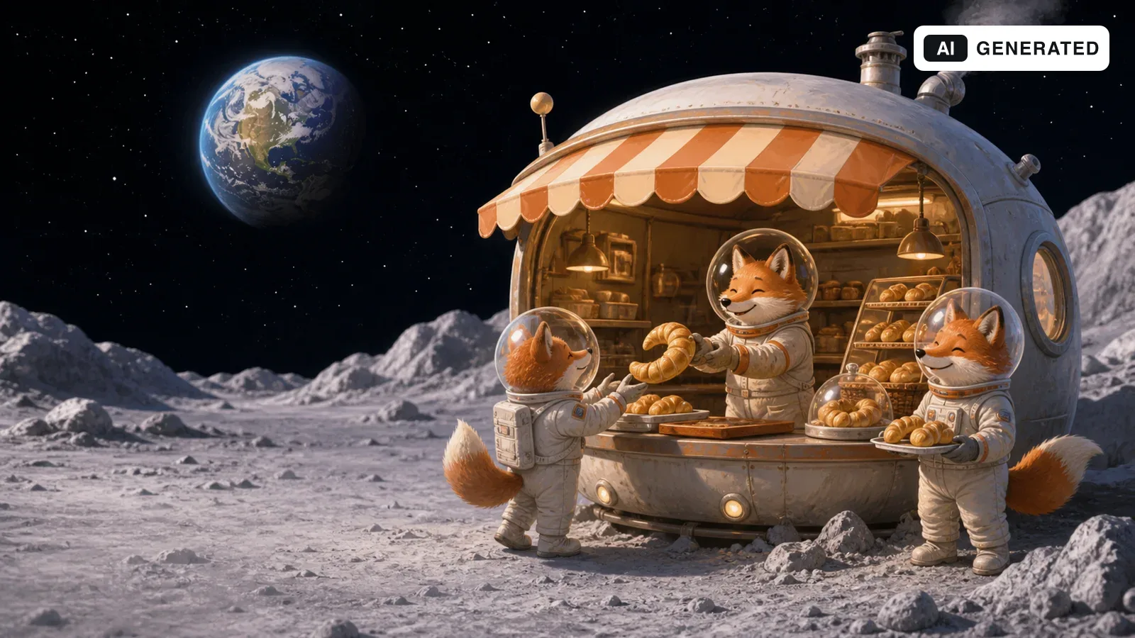 AI-generated illustration of foxes in space suits selling pastries on the moon